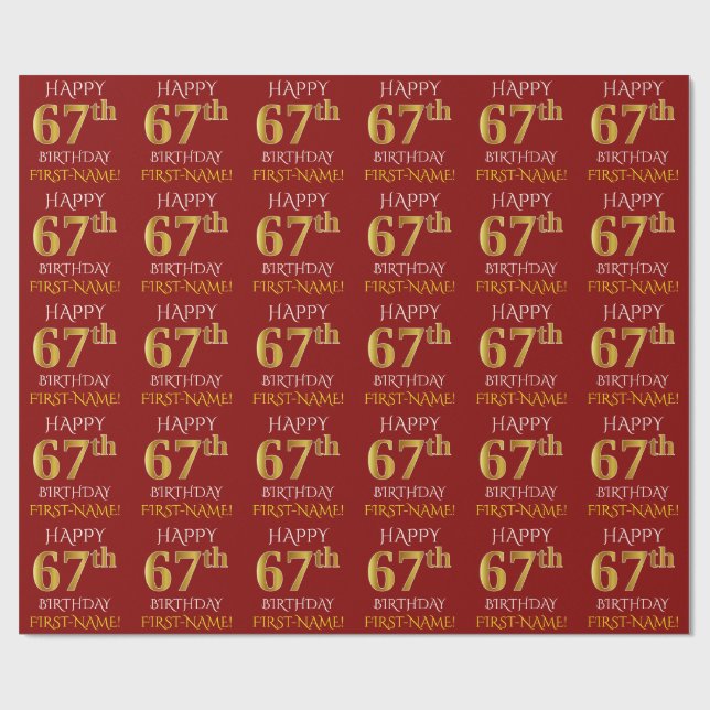 Red, Faux Gold "HAPPY 67th BIRTHDAY" Wrapping Paper (Flat)