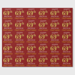 Red, Faux Gold "HAPPY 69th BIRTHDAY" Wrapping Paper
