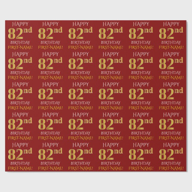 Red, Faux Gold "HAPPY 82nd BIRTHDAY" Wrapping Paper (Flat)