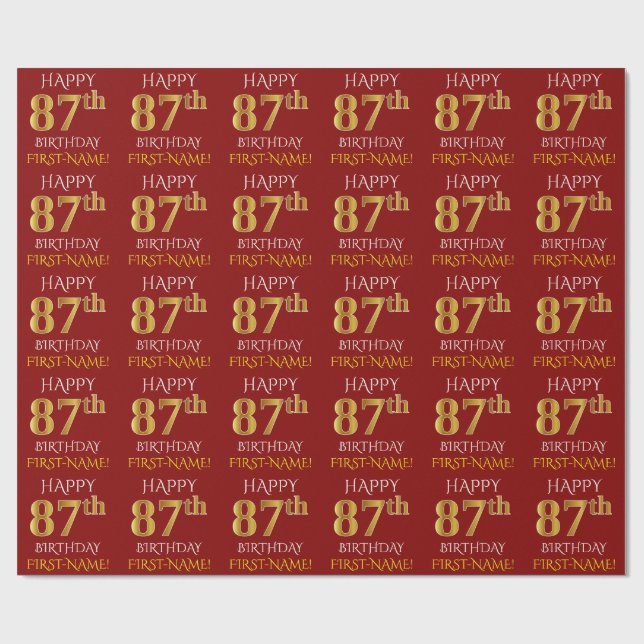 Red, Faux Gold "HAPPY 87th BIRTHDAY" Wrapping Paper (Flat)