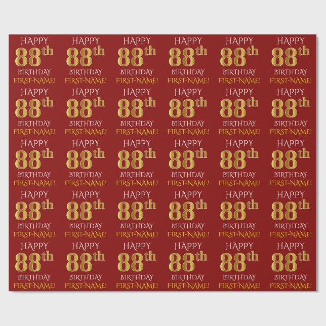 Red, Faux Gold "HAPPY 88th BIRTHDAY" Wrapping Paper (Flat)