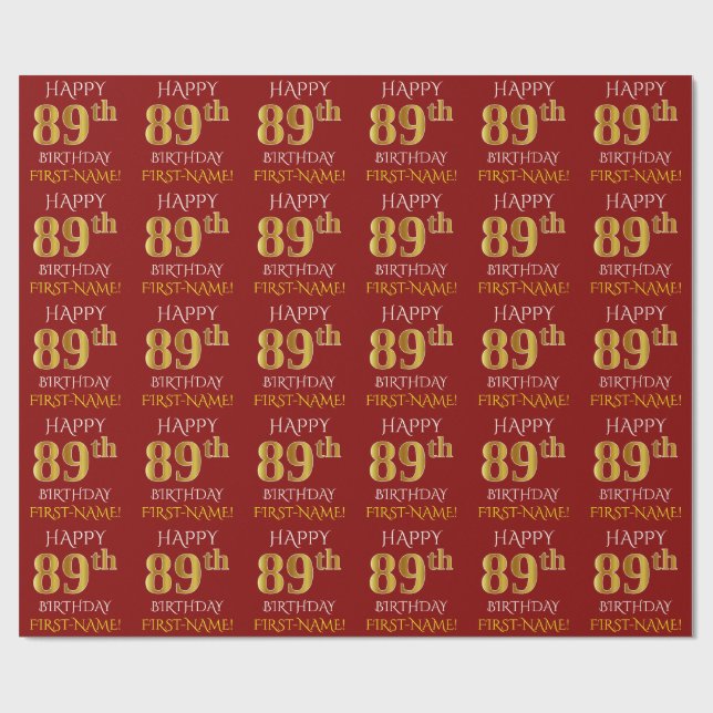 Red, Faux Gold "HAPPY 89th BIRTHDAY" Wrapping Paper (Flat)