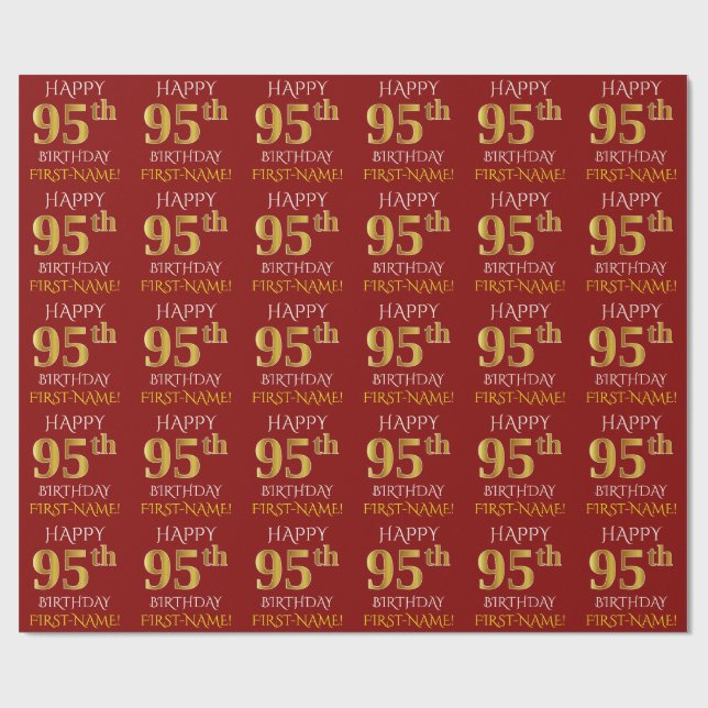 Red, Faux Gold "HAPPY 95th BIRTHDAY" Wrapping Paper (Flat)