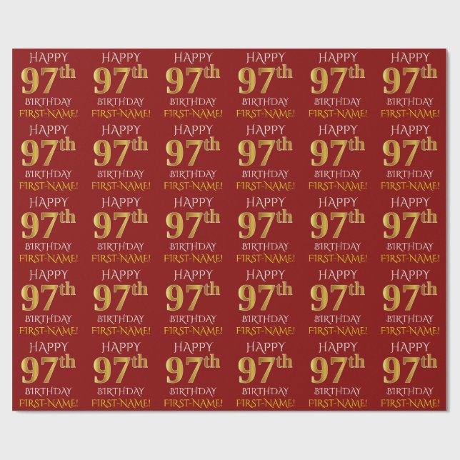 Red, Faux Gold "HAPPY 97th BIRTHDAY" Wrapping Paper (Flat)