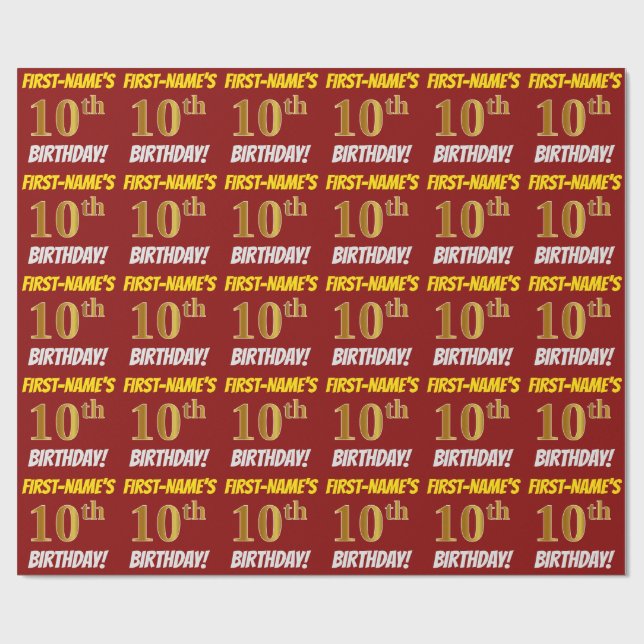 Red, Faux/Imitation Gold, "10th BIRTHDAY" Wrapping Paper (Flat)