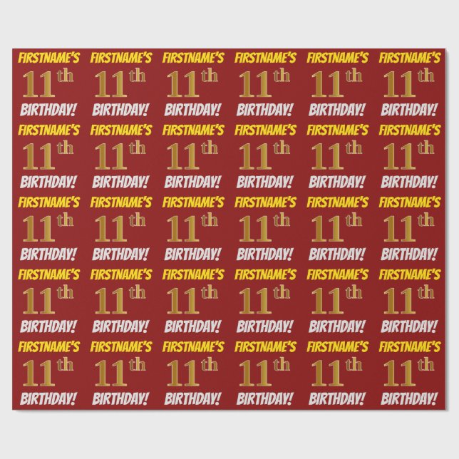 Red, Faux/Imitation Gold, "11th BIRTHDAY" Wrapping Paper (Flat)