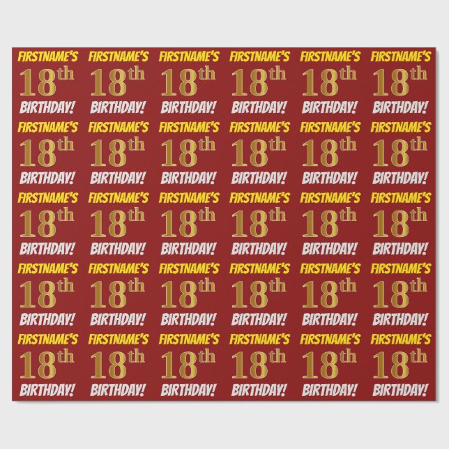 Red, Faux/Imitation Gold, "18th BIRTHDAY" Wrapping Paper (Flat)