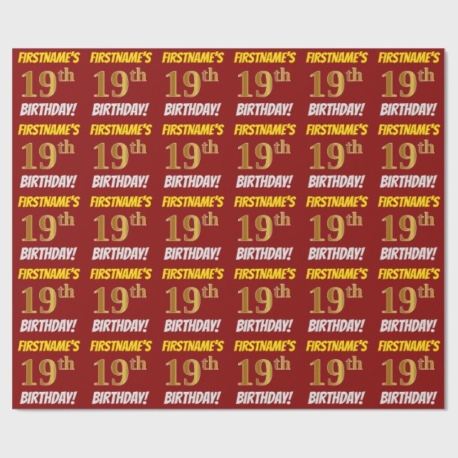 Red, Faux/Imitation Gold, "19th BIRTHDAY" Wrapping Paper (Flat)