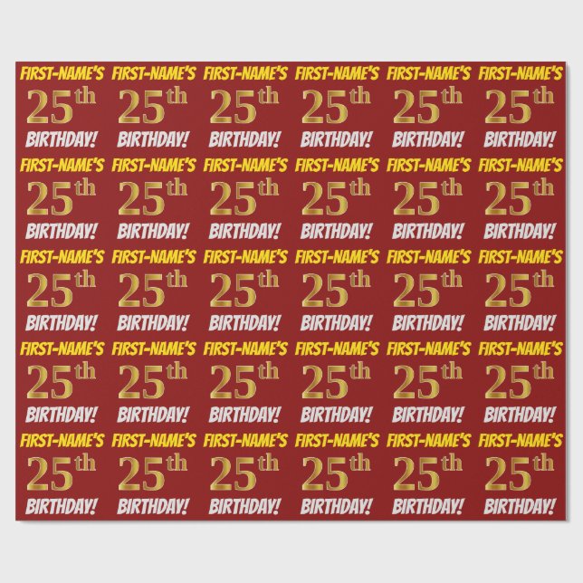 Red, Faux/Imitation Gold, "25th BIRTHDAY" Wrapping Paper (Flat)