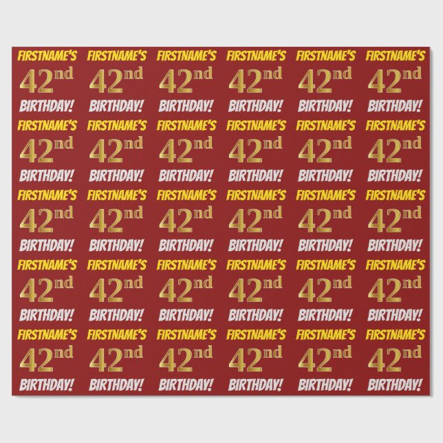 Red, Faux/Imitation Gold, "42nd BIRTHDAY" Wrapping Paper (Flat)