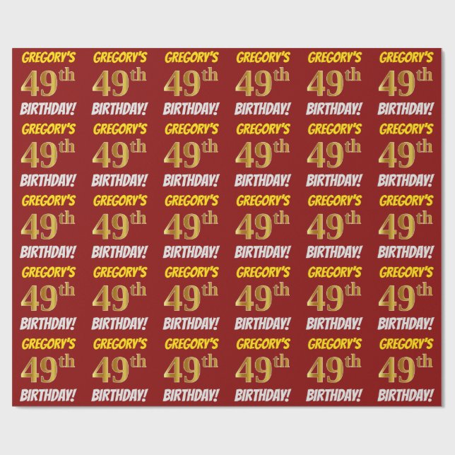 Red, Faux/Imitation Gold, "49th BIRTHDAY" Wrapping Paper (Flat)