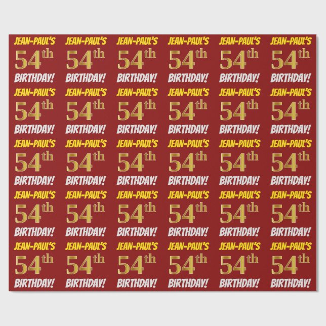 Red, Faux/Imitation Gold, "54th BIRTHDAY" Wrapping Paper (Flat)