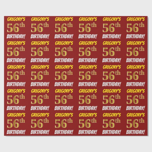 Red, Faux/Imitation Gold, "56th BIRTHDAY" Wrapping Paper (Flat)