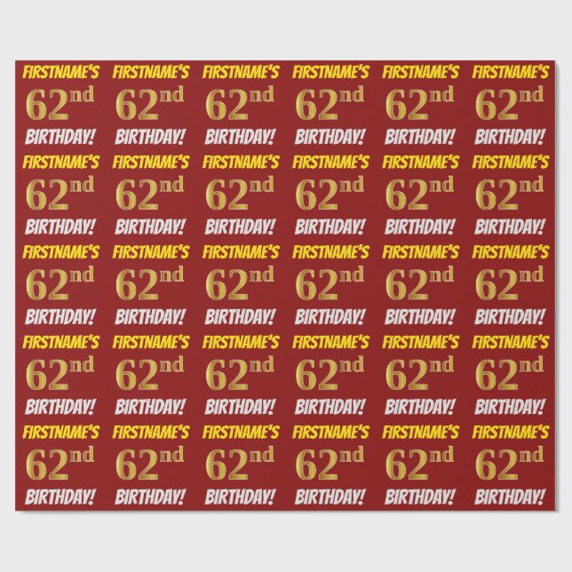 Red, Faux/Imitation Gold, "62nd BIRTHDAY" Wrapping Paper (Flat)