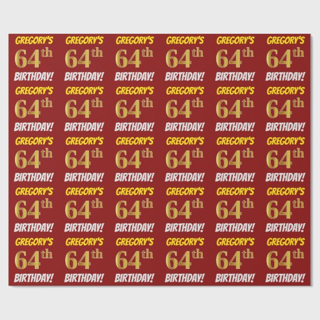 Red, Faux/Imitation Gold, "64th BIRTHDAY" Wrapping Paper (Flat)