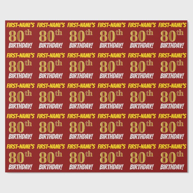 Red, Faux/Imitation Gold, "80th BIRTHDAY" Wrapping Paper (Flat)