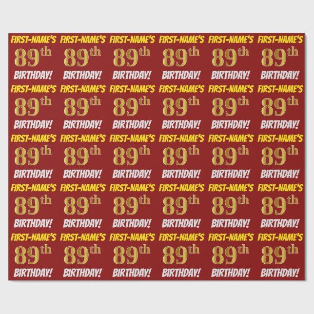 Red, Faux/Imitation Gold, "89th BIRTHDAY" Wrapping Paper (Flat)