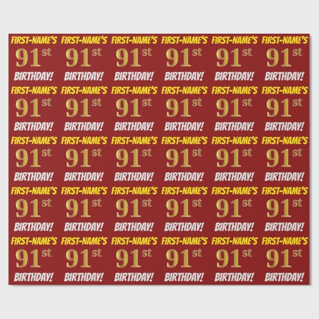 Red, Faux/Imitation Gold, "91st BIRTHDAY" Wrapping Paper (Flat)