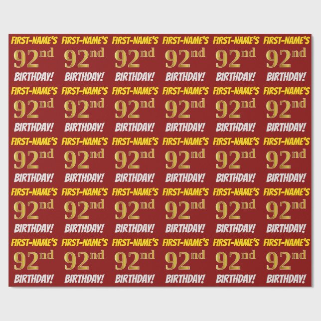 Red, Faux/Imitation Gold, "92nd BIRTHDAY" Wrapping Paper (Flat)
