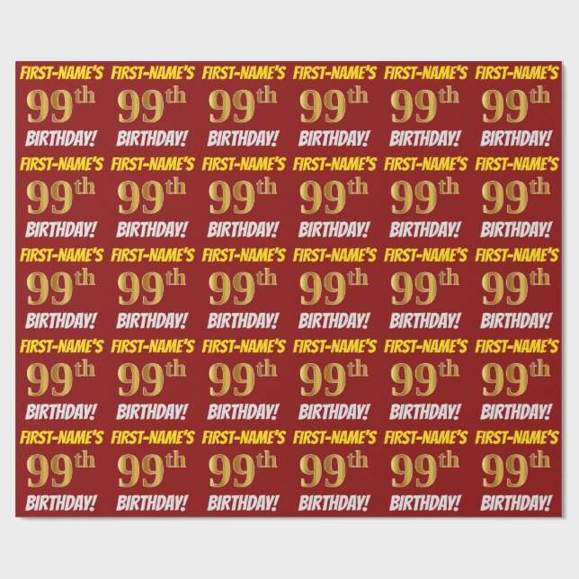 Red, Faux/Imitation Gold, "99th BIRTHDAY" Wrapping Paper (Flat)
