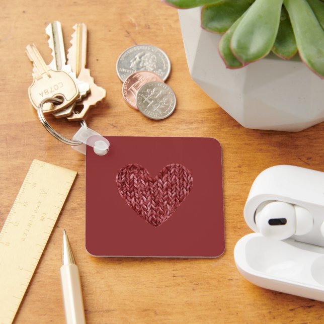 Red Faux Knitt Heart Key Ring (Desk)