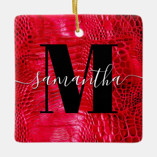 Red Faux Leather Monogram Photo Ceramic Ornament (Front)