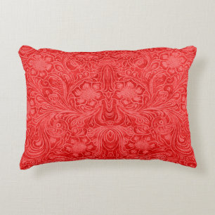 Red Faux Leather Pattern-Embossed Floral Decorative Cushion