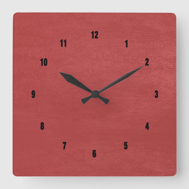 Red faux leather texture square wall clock (Front)