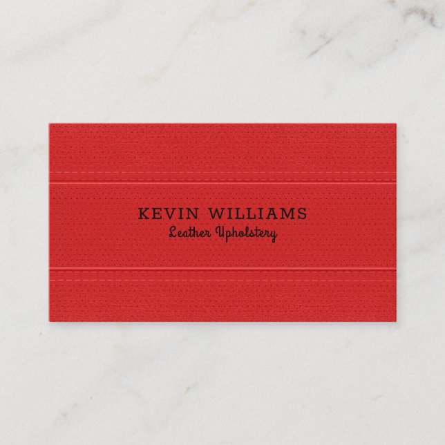 Red faux leather texture stitched effect business card (Front)