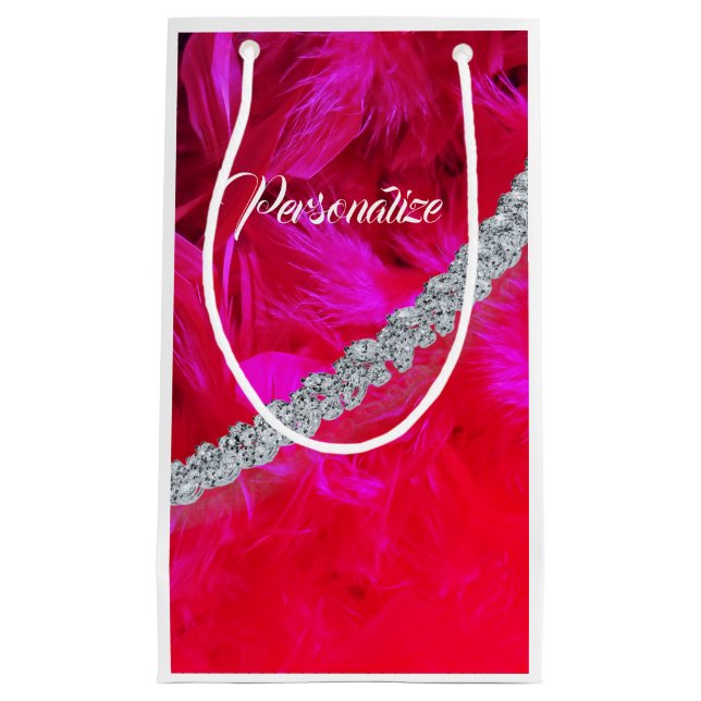 Red feather boa draped with diamonds gift bag (Front)