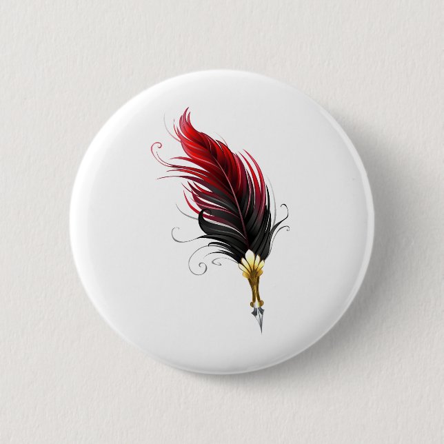 Red feather pen with gold nib 6 cm round badge (Front)