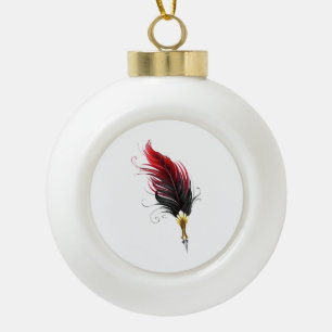 Red feather pen with gold nib ceramic ball christmas ornament