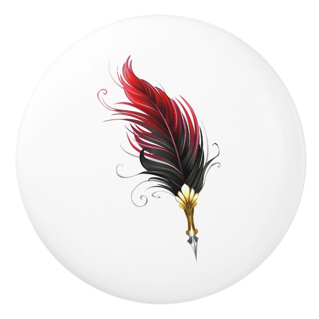 Red feather pen with gold nib ceramic knob (Front)