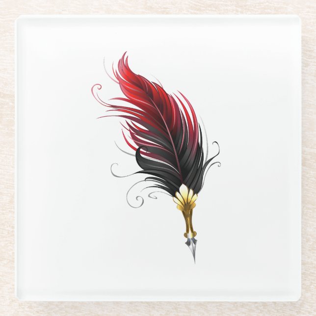 Red feather pen with gold nib glass coaster (Front)