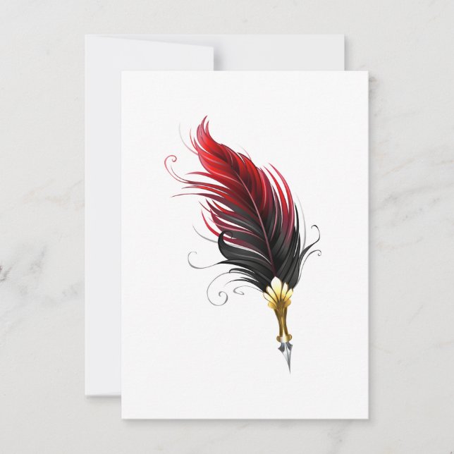 Red feather pen with gold nib invitation (Front)