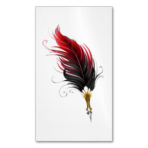 Red feather pen with gold nib 	Magnetic business card