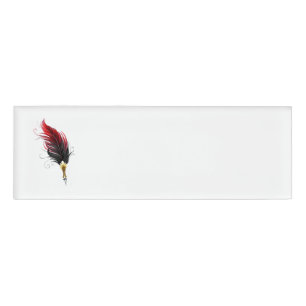 Red feather pen with gold nib name tag