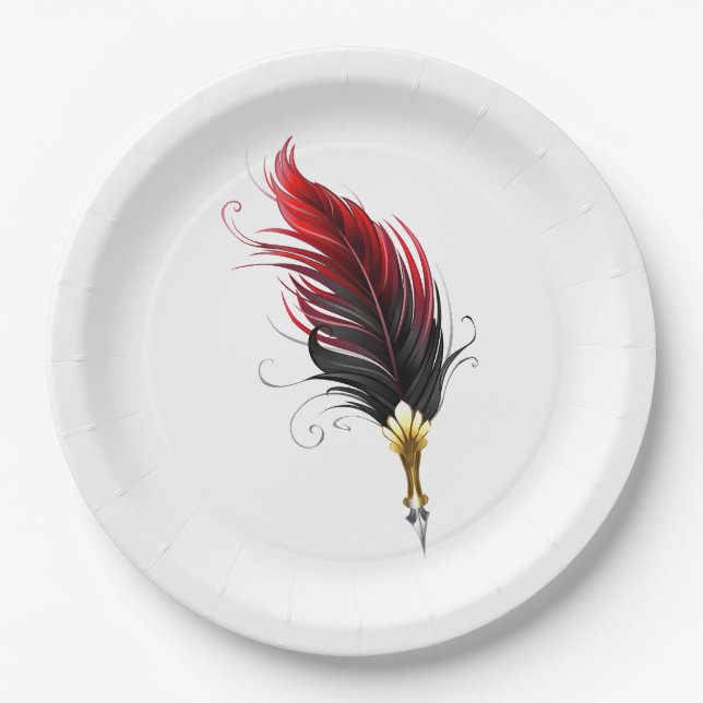Red feather pen with gold nib paper plate (Front)