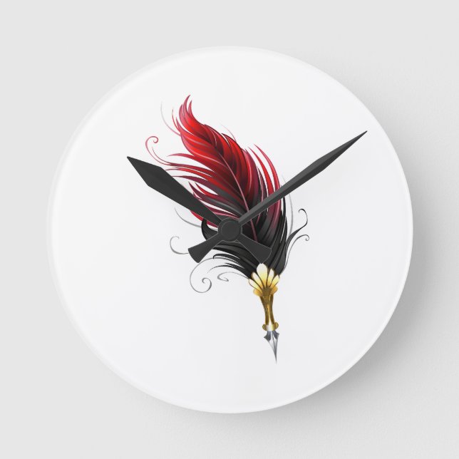 Red feather pen with gold nib round clock (Front)