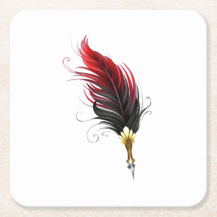 Red feather pen with gold nib square paper coaster