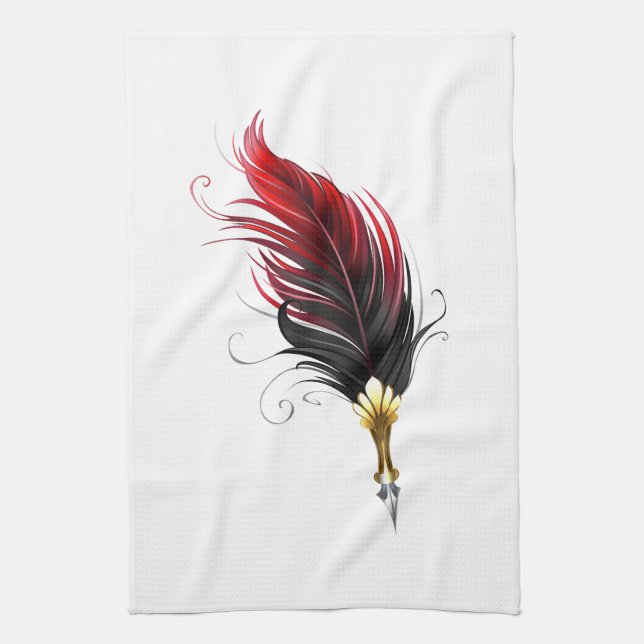 Red feather pen with gold nib tea towel (Vertical)