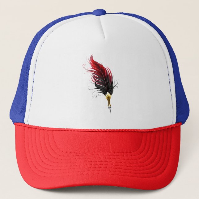 Red feather pen with gold nib trucker hat (Front)