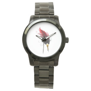 Red feather pen with gold nib watch