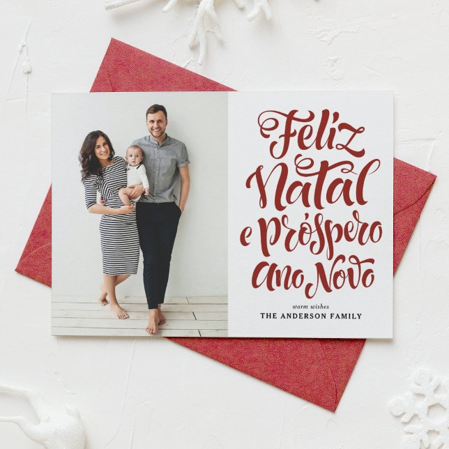 Red Feliz Natal Calligraphy Christmas Photo Holiday Card (Creator Uploaded)
