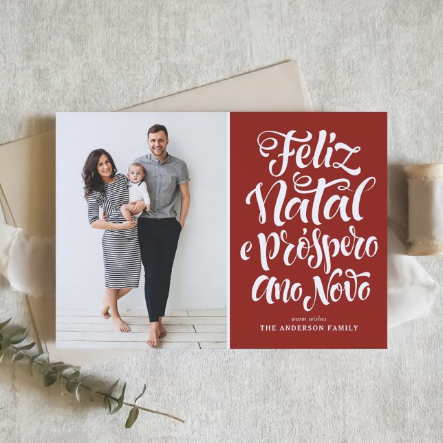 Red Feliz Natal Calligraphy Christmas Photo Holiday Card (Creator Uploaded)
