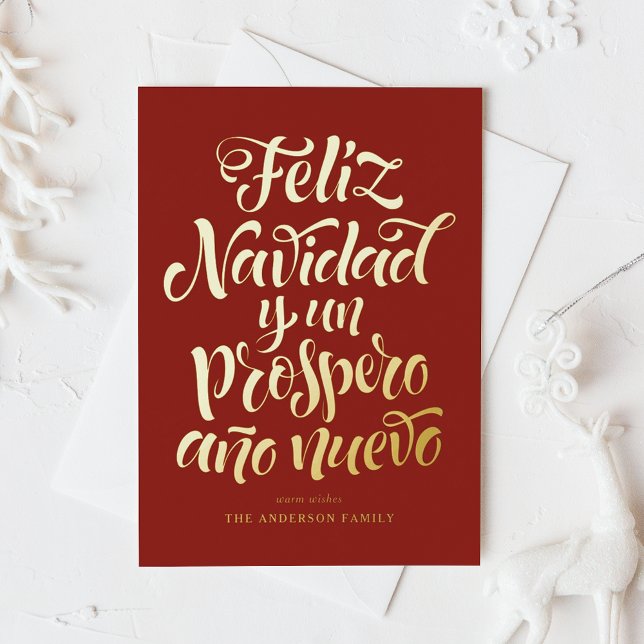Red Feliz Natal e Próspero Ano Novo Script Foil Holiday Postcard (Creator Uploaded)