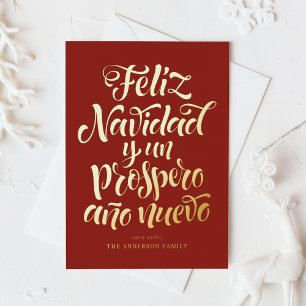 Red Feliz Navidad Calligraphy Christmas Foil Holiday Card