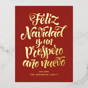 Red Feliz Navidad Calligraphy Christmas Foil Holiday Postcard