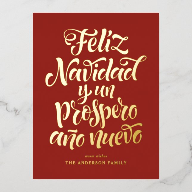 Red Feliz Navidad Calligraphy Christmas Foil Holiday Postcard (Front)