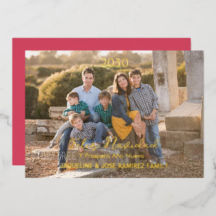 Red Feliz Navidad Spanish Family Photo Gold  Foil Holiday Card